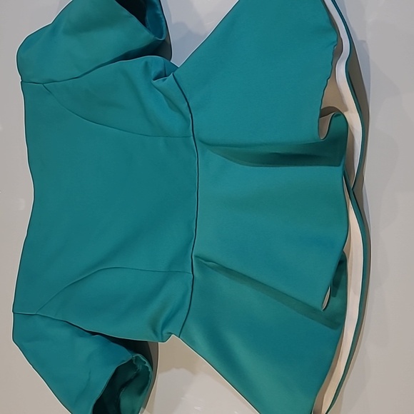 LIKE NEW VTG 80s Leslie Fay Satin Teal/White Puff Shoulder Large Bow Blazer - Picture 14 of 15